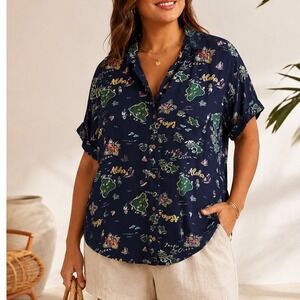Womens Plus Button Down Shirt Sz 4X Blue Tropical Island Map Aloha Resort Camp
